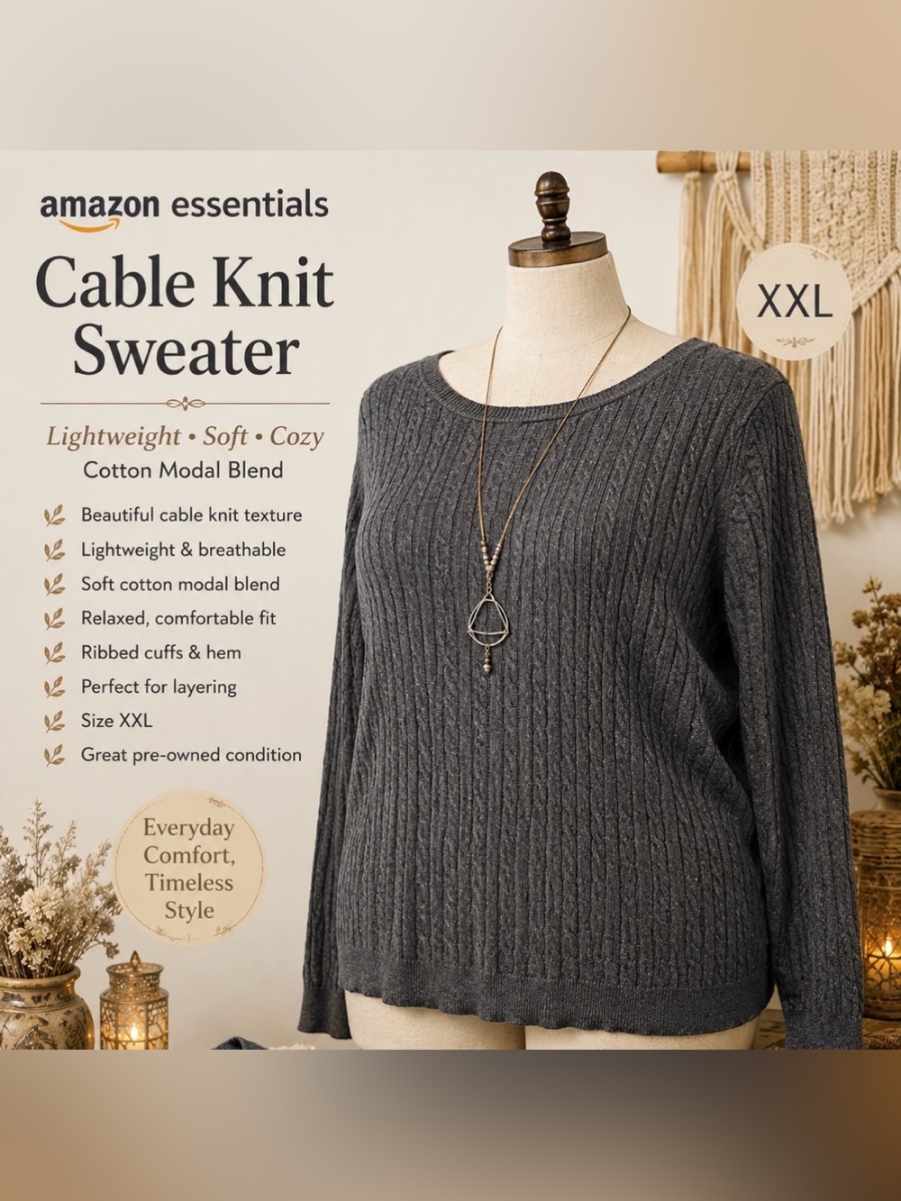 Classic Cable Knit Women's Sweater - Dark Gray - soft cotton blend